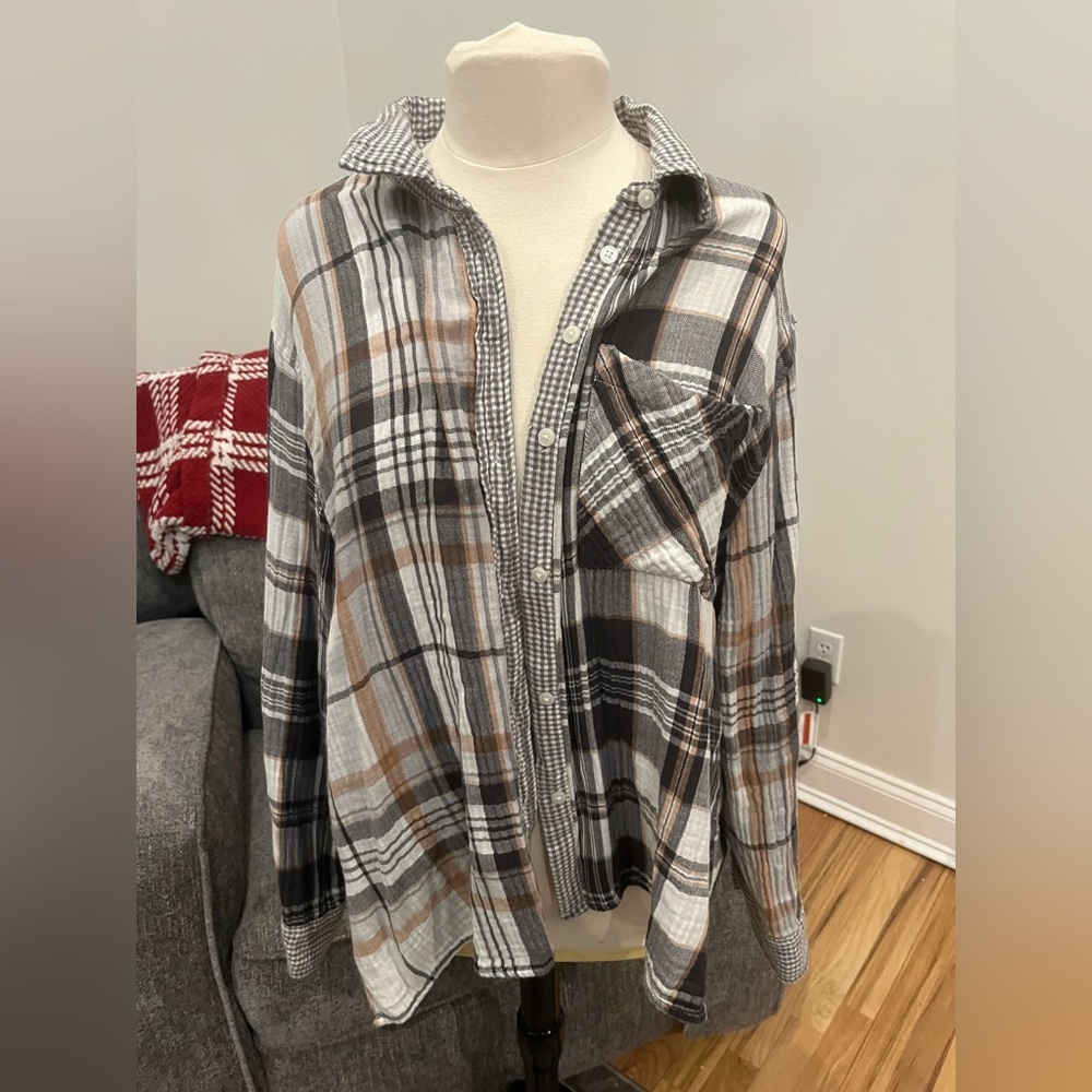 Aerie plaid patchwork‎ button down flannel woman’s XL